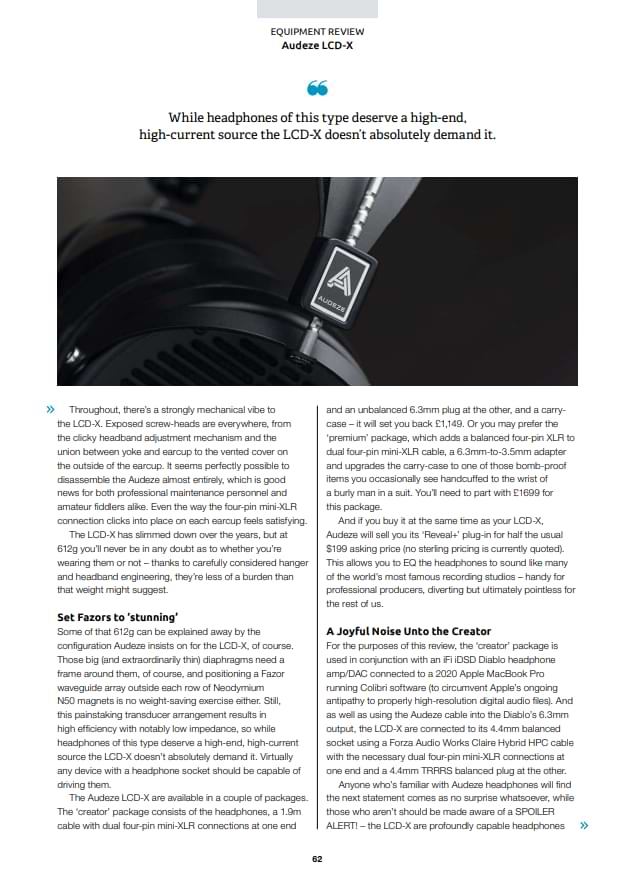 Second page of Audeze LCD-X headphones feature in Hi-Fi+ magazine, November 2022 edition