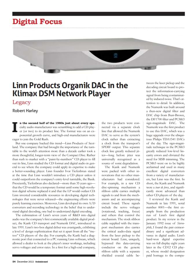 First page of The Absolute Sound December 2022 cover on the Linn Organik DAC