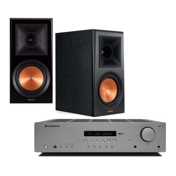 An audio equipment bundle consisting of the RP-600M Bookshelf Speakers from Klipsch and the AXR 85 FM/AM Stereo Receiver from Cambridge Audio
