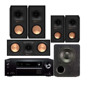 A picture containing all the speakers of the R-50M Bookshelf Speakers 5.1 Home Theater System and an Onkyo TX-NR5100 7.2-Channel 8K AV Receiver