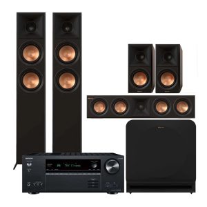 A photo containing all the speaker components of the R800F 5.1 Home Theater System and an Onkyo TX-NR 6100 7.2-Channel THX Certified AV Receiver