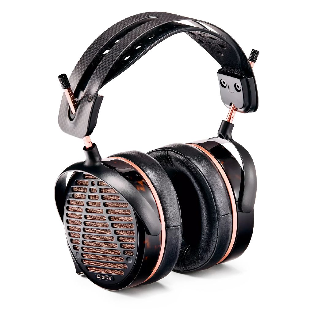 Audeze LCD-series planar magnetic headphones featuring a carbon fiber headband, premium leather ear cushions, and an open-back grille design in black and copper finish
