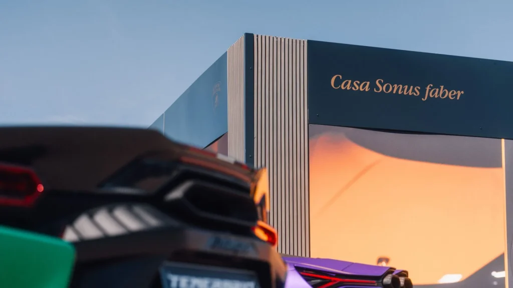 Casa Sonus faber luxury listening lounge at Lamborghini Arena Imola 2026.