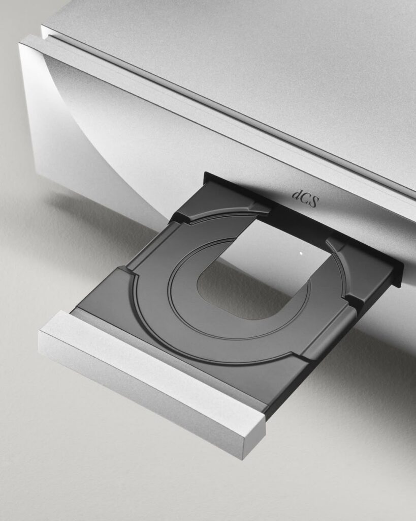 dCS Varèse CD/SACD Transport with extended disc tray showcasing minimalist engineering and premium silver aluminum finish