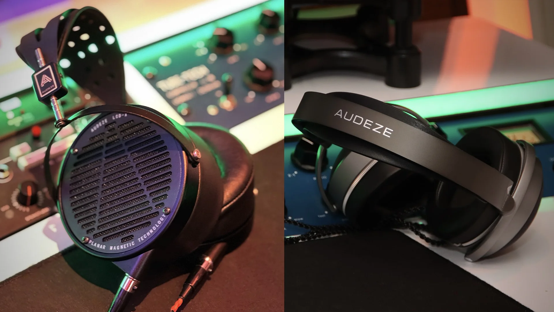Audeze planar magnetic headphones are displayed on professional studio equipment with colorful ambient lighting in a modern music production environment.